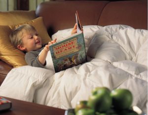 dust mite cover duvet with kid reading a biook