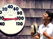 man near a thermometer too hot, a dehumidifier or air conditioner?