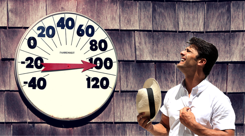 man near a thermometer too hot, a dehumidifier or air conditioner?